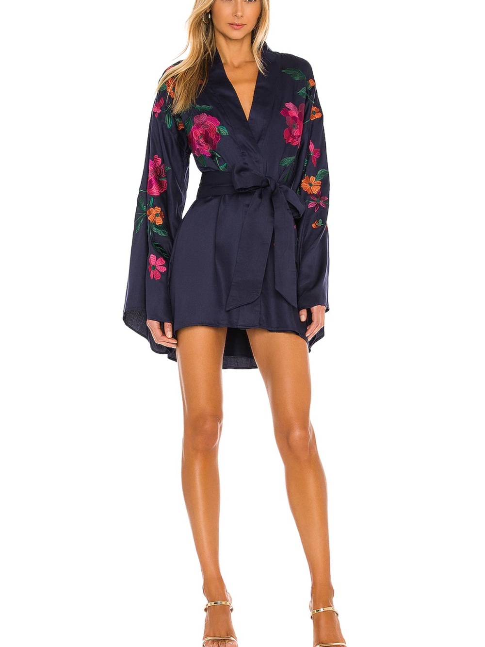 House of Harlow 1960 Navy Floral-Embroidered Kimono Style Mini Dress